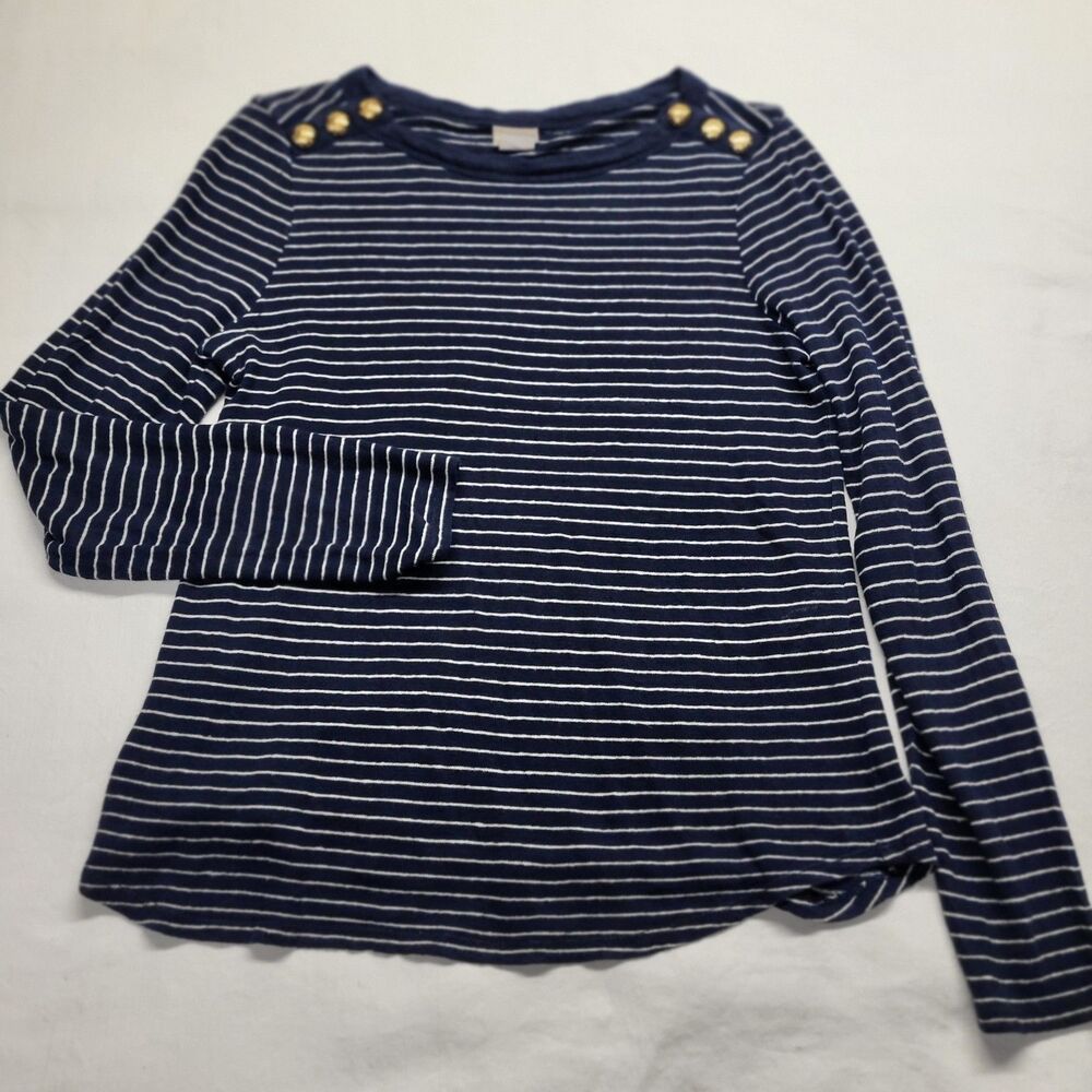 Chico's Navy Blue Slub Knit 100% Linen Crew Neck Shirt Size 1 Gold Button Preppy